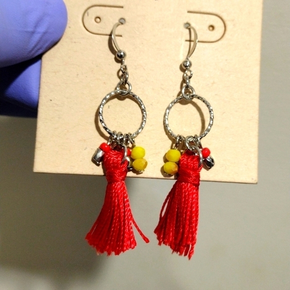Women's Silver tone Dainty Hoop Red Tassel Colorful Beads Drop Dangle Earrings - Picture 3 of 6